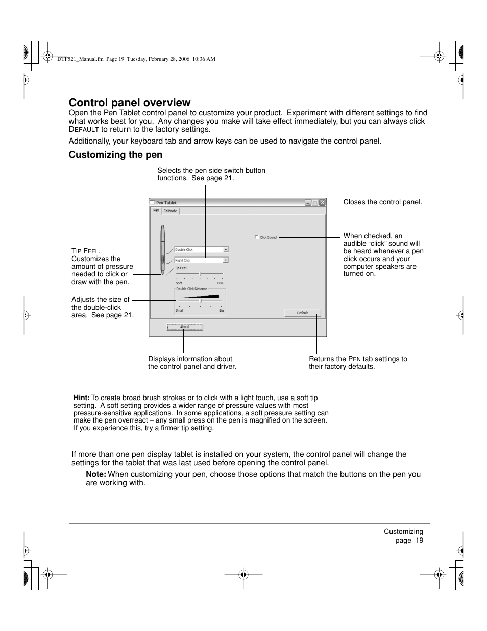 Control panel overview, Customizing the pen | Wacom PEN DISPLAY PL-521 User Manual | Page 21 / 52