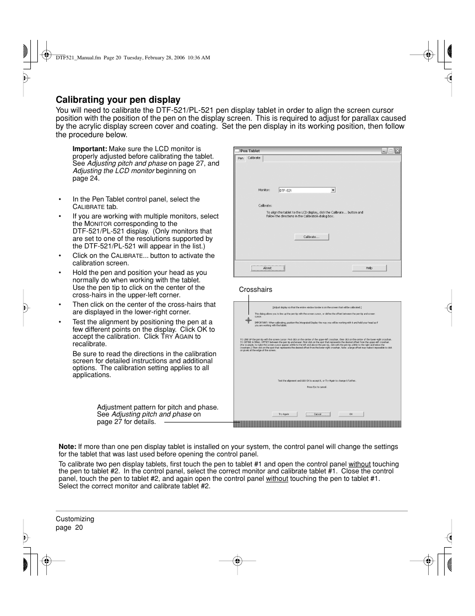 Calibrating your pen display | Wacom PEN DISPLAY PL-521 User Manual | Page 22 / 52