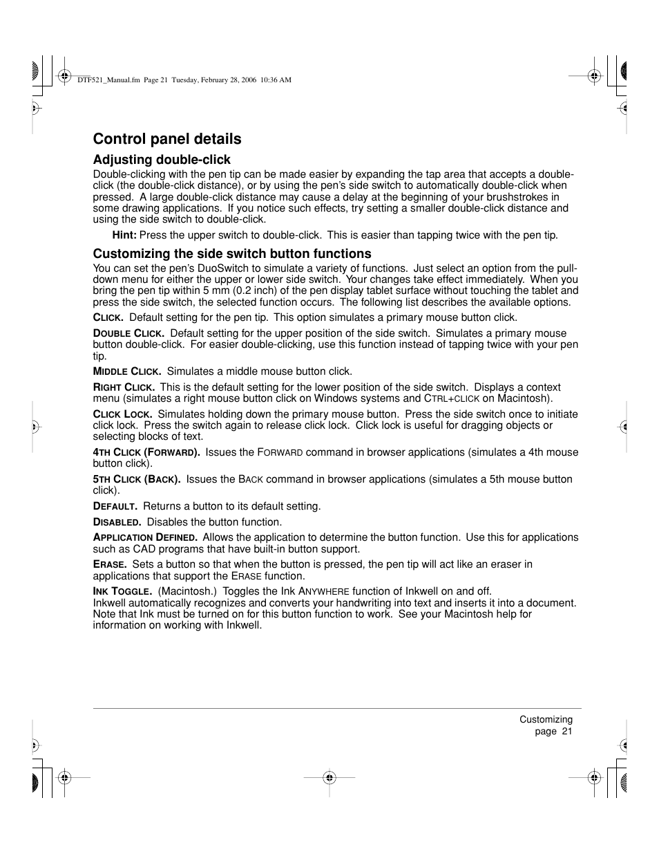 Control panel details, Adjusting double-click, Customizing the side switch button functions | Wacom PEN DISPLAY PL-521 User Manual | Page 23 / 52