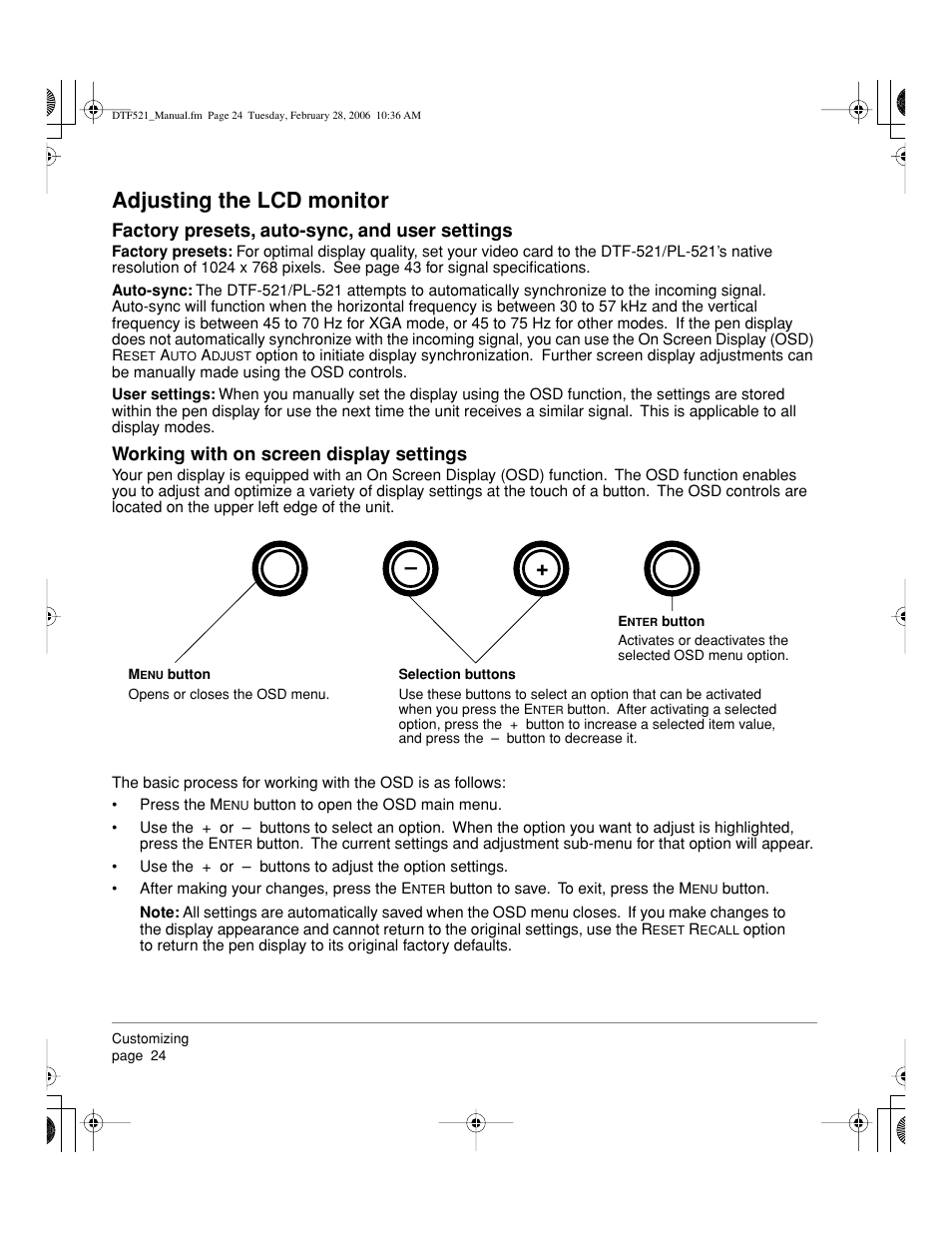 Adjusting the lcd monitor | Wacom PEN DISPLAY PL-521 User Manual | Page 26 / 52