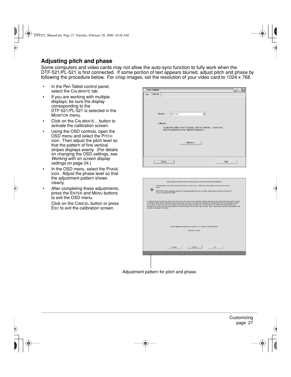 Adjusting pitch and phase | Wacom PEN DISPLAY PL-521 User Manual | Page 29 / 52