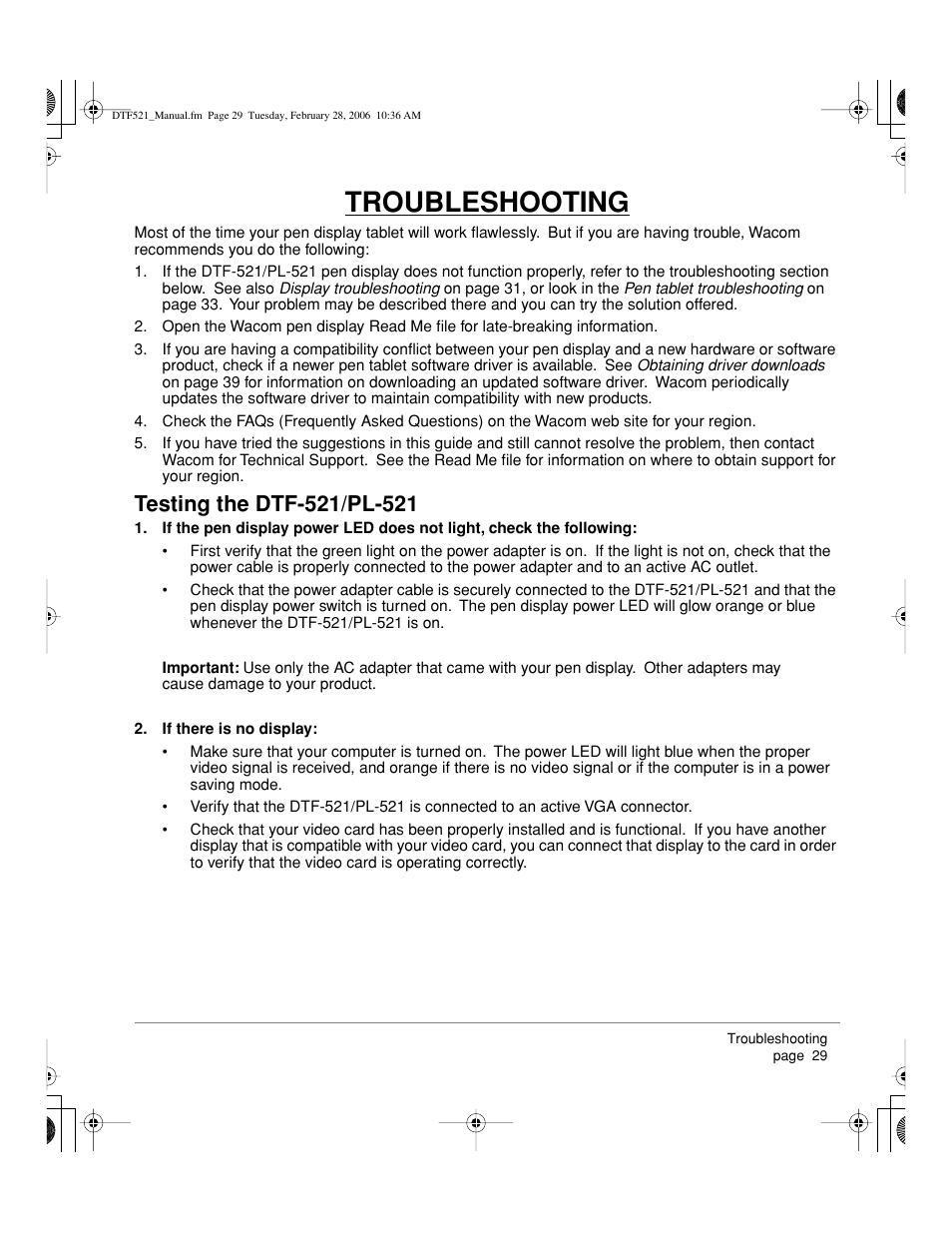 Troubleshooting | Wacom PEN DISPLAY PL-521 User Manual | Page 31 / 52