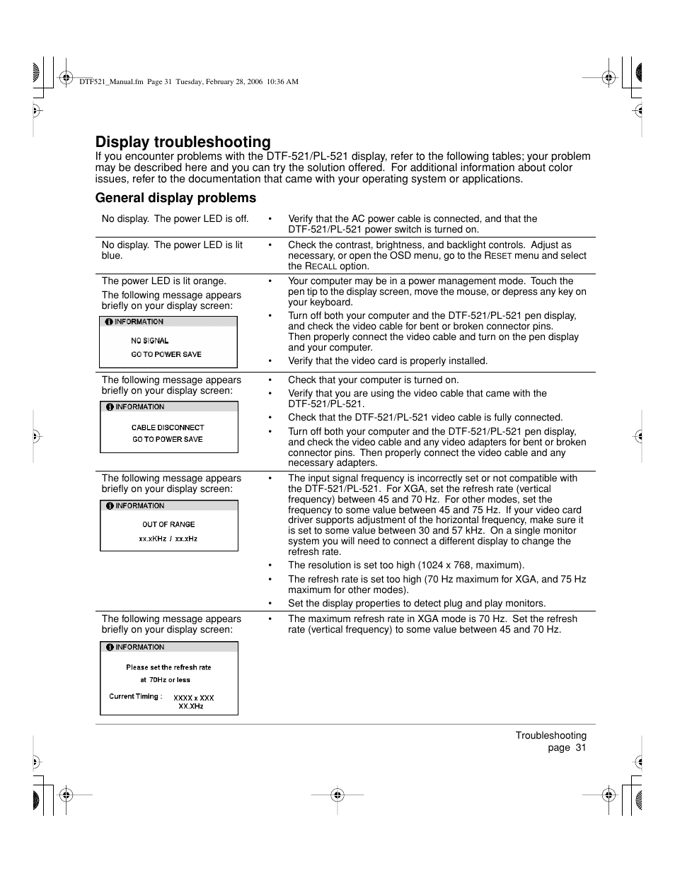 Display troubleshooting, General display problems | Wacom PEN DISPLAY PL-521 User Manual | Page 33 / 52