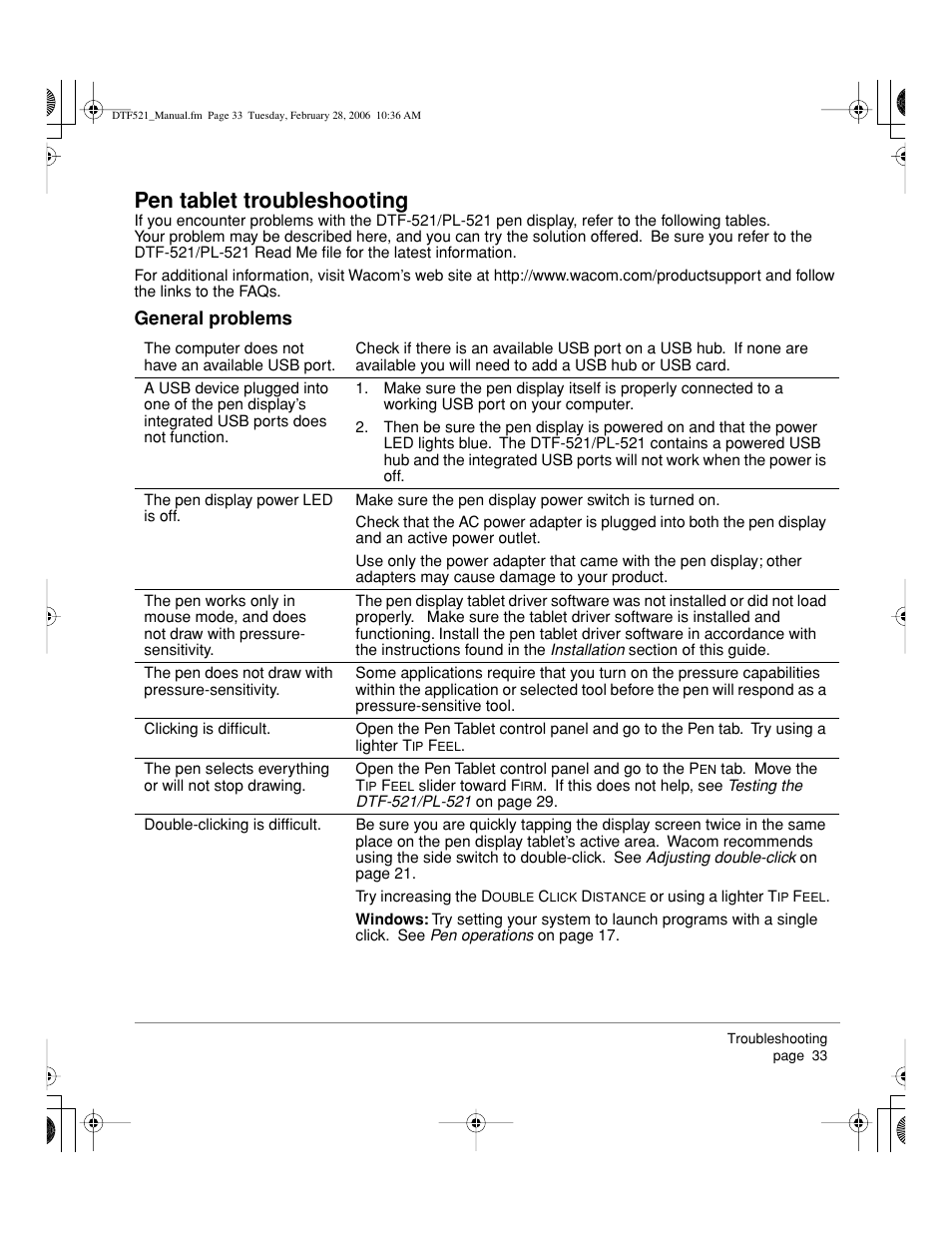 Pen tablet troubleshooting, General problems | Wacom PEN DISPLAY PL-521 User Manual | Page 35 / 52