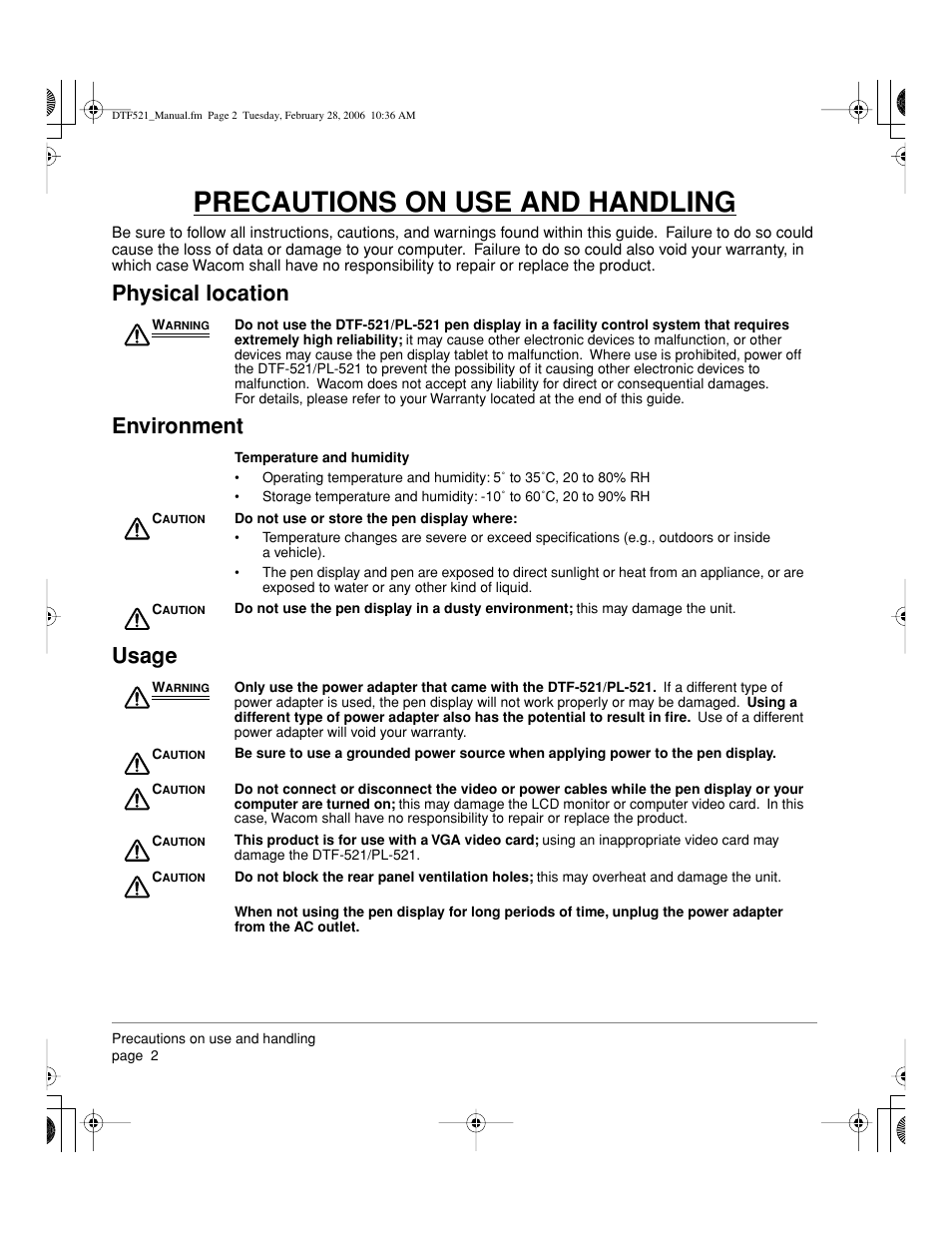 Precautions on use and handling, Physical location environment usage | Wacom PEN DISPLAY PL-521 User Manual | Page 4 / 52
