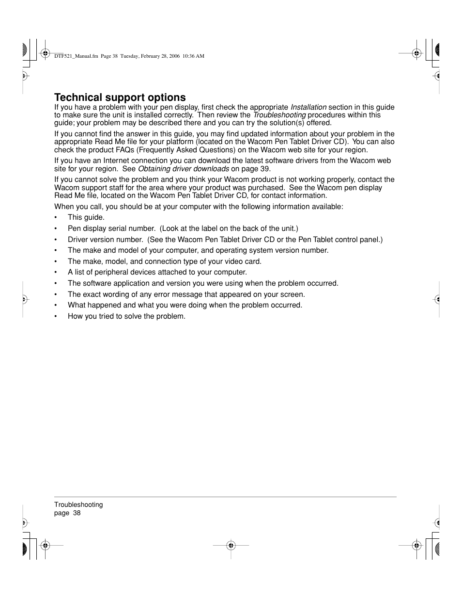 Technical support options | Wacom PEN DISPLAY PL-521 User Manual | Page 40 / 52