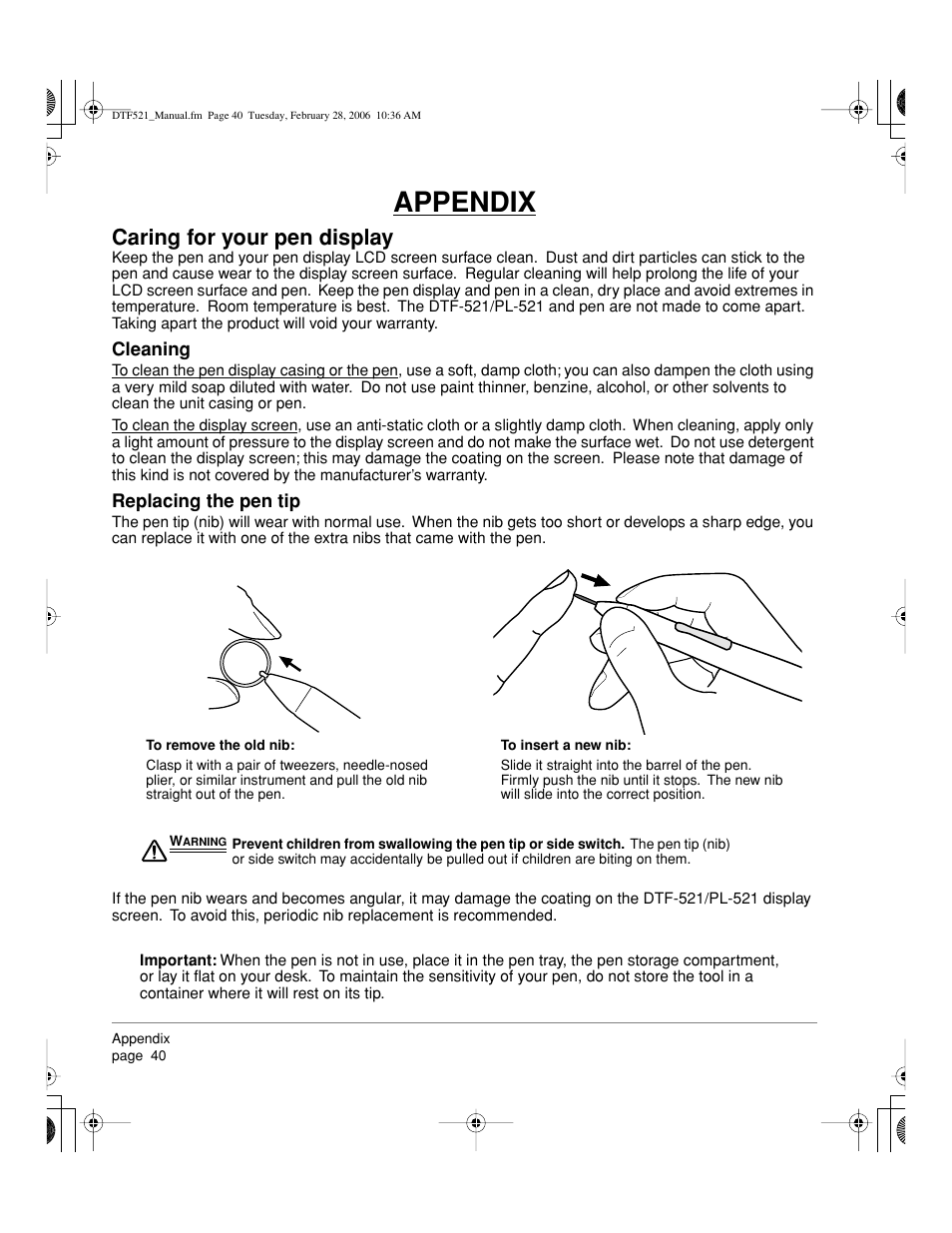 Appendix, Caring for your pen display | Wacom PEN DISPLAY PL-521 User Manual | Page 42 / 52