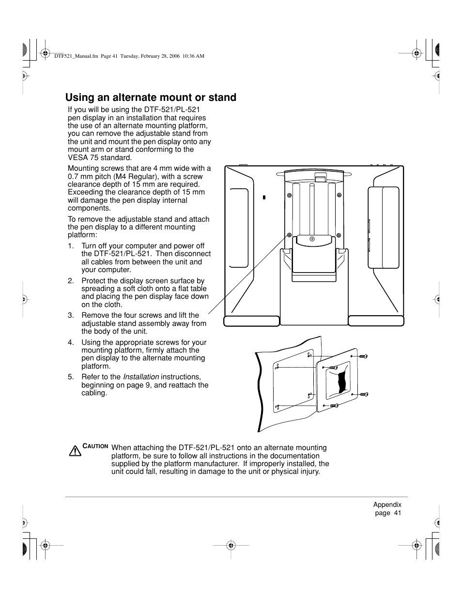 Using an alternate mount or stand | Wacom PEN DISPLAY PL-521 User Manual | Page 43 / 52