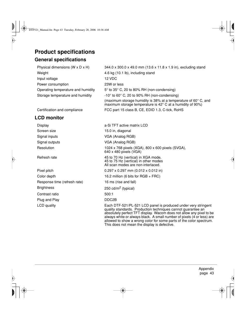 Product specifications, General specifications lcd monitor | Wacom PEN DISPLAY PL-521 User Manual | Page 45 / 52