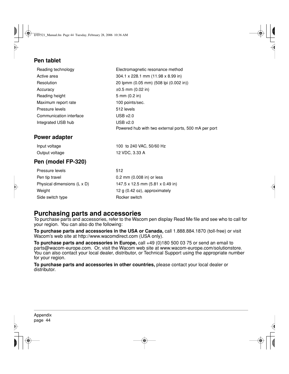 Purchasing parts and accessories, Pen tablet power adapter pen (model fp-320) | Wacom PEN DISPLAY PL-521 User Manual | Page 46 / 52