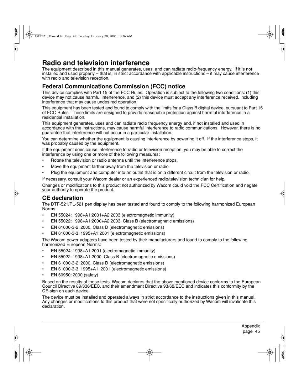 Radio and television interference, Federal communications commission (fcc) notice, Ce declaration | Wacom PEN DISPLAY PL-521 User Manual | Page 47 / 52