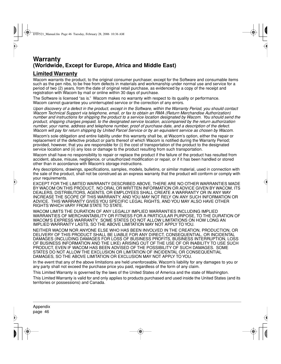 Warranty | Wacom PEN DISPLAY PL-521 User Manual | Page 48 / 52