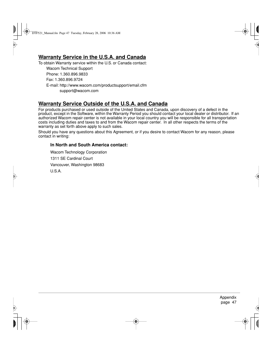 Warranty service in the u.s.a. and canada, Warranty service outside of the u.s.a. and canada | Wacom PEN DISPLAY PL-521 User Manual | Page 49 / 52