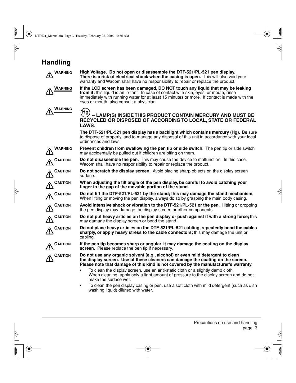 Handling | Wacom PEN DISPLAY PL-521 User Manual | Page 5 / 52