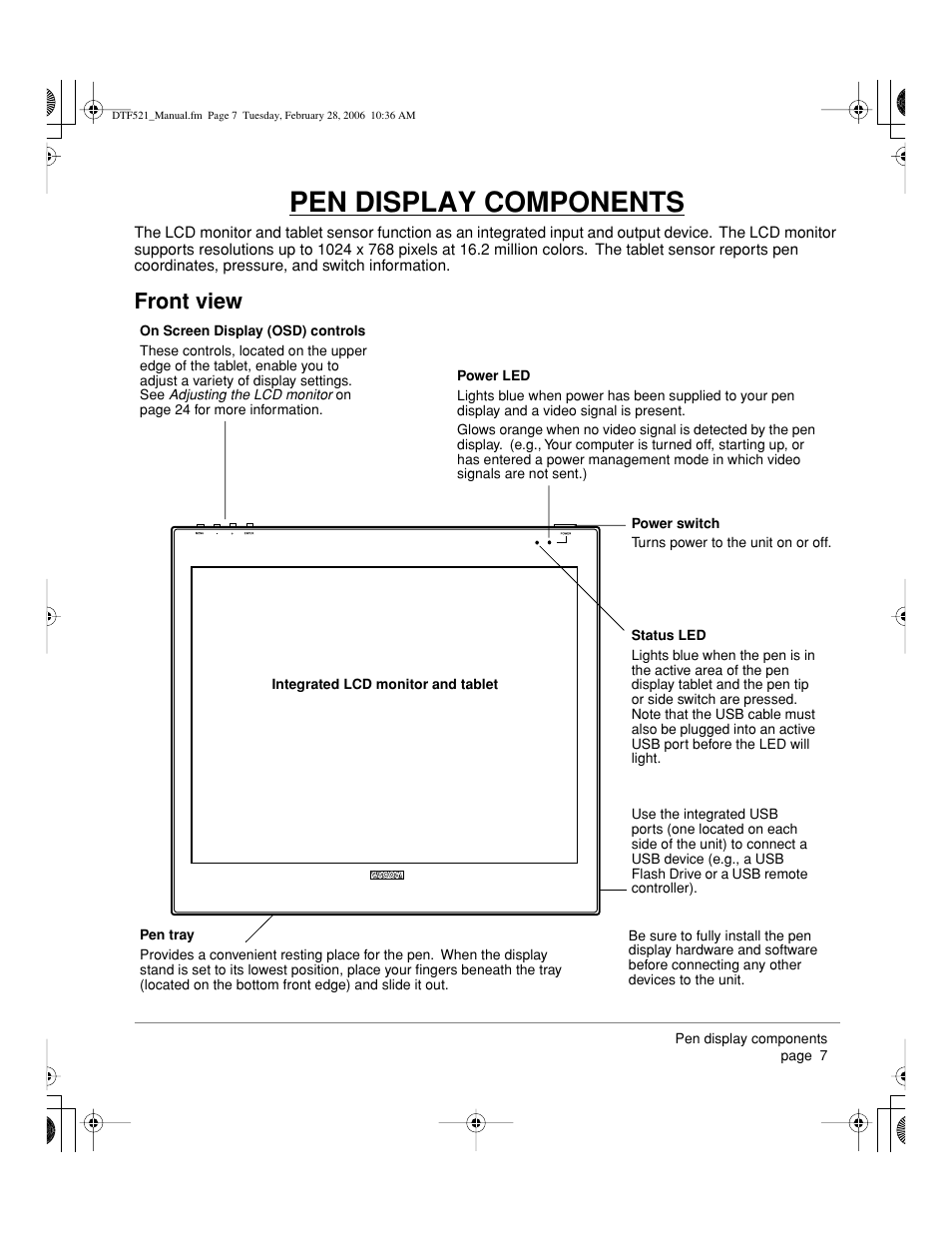 Pen display components, Front view | Wacom PEN DISPLAY PL-521 User Manual | Page 9 / 52