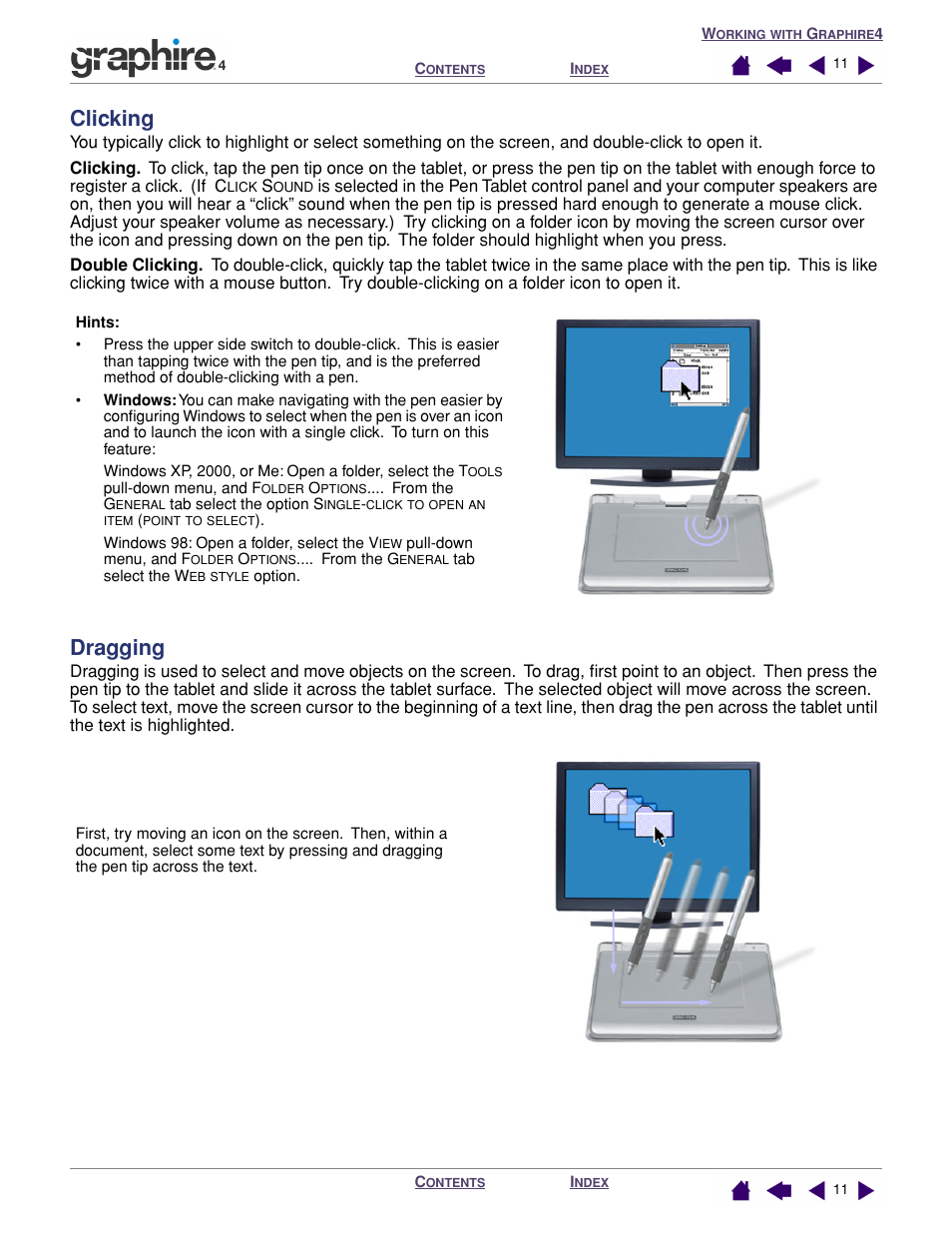 Clicking, Dragging, Clicking dragging | Wacom GRAPHIRE 4 User Manual | Page 11 / 58