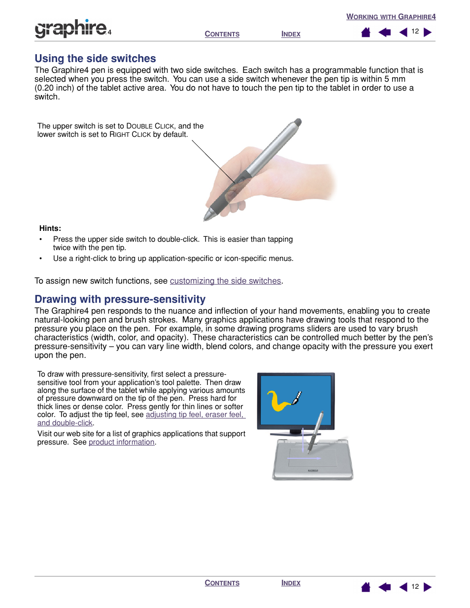 Using the side switches, Drawing with pressure-sensitivity, Side switches | Wacom GRAPHIRE 4 User Manual | Page 12 / 58