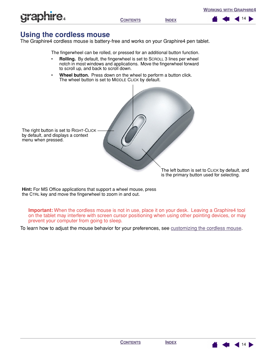 Using the cordless mouse, Ordless, Ouse | Fingerwheel, Graphire4 cordless mouse | Wacom GRAPHIRE 4 User Manual | Page 14 / 58