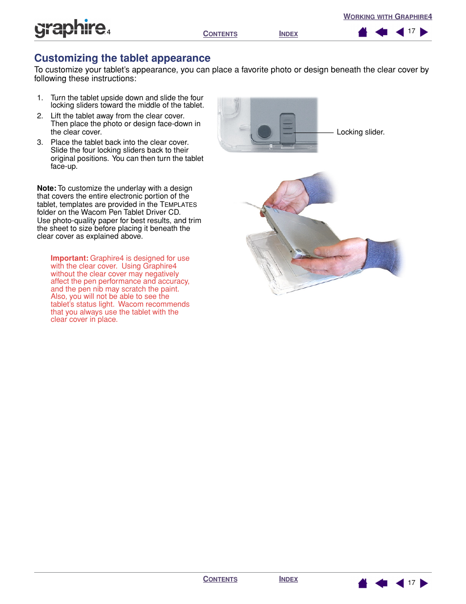 Customizing the tablet appearance, See also, Customizing | The tablet appearance | Wacom GRAPHIRE 4 User Manual | Page 17 / 58