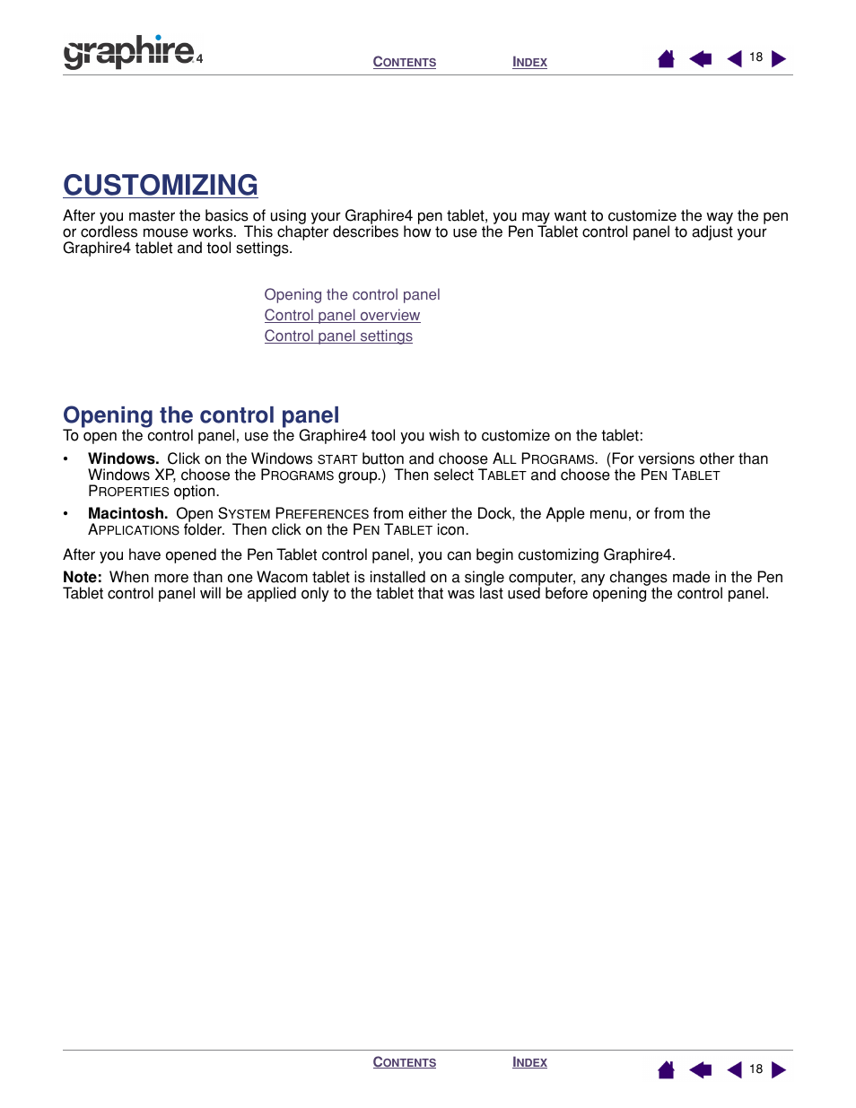 Customizing, Opening the control panel, Ustomizing | Descr | Wacom GRAPHIRE 4 User Manual | Page 18 / 58