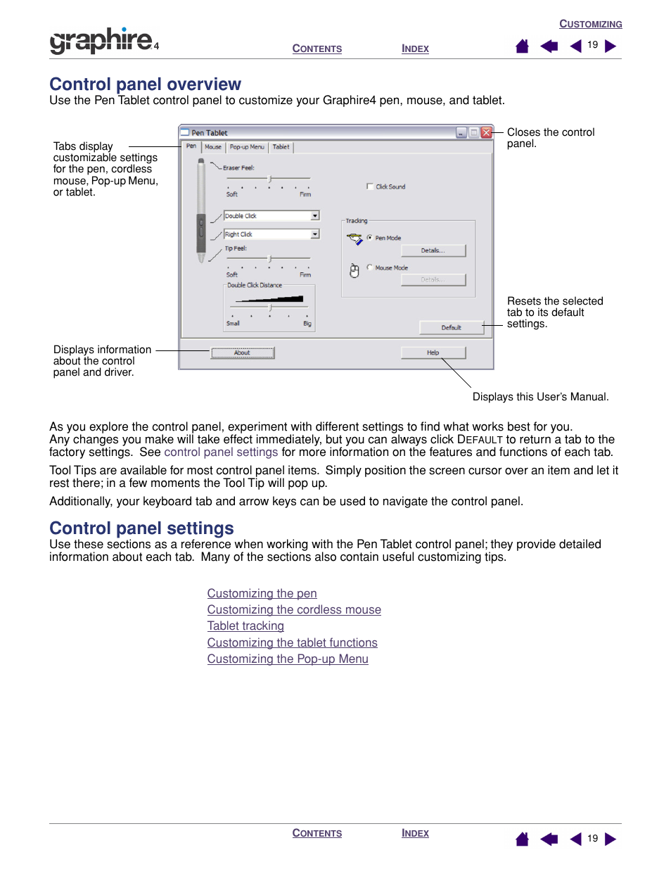 Control panel overview, Control panel settings, Control panel overview control panel settings | Wacom GRAPHIRE 4 User Manual | Page 19 / 58