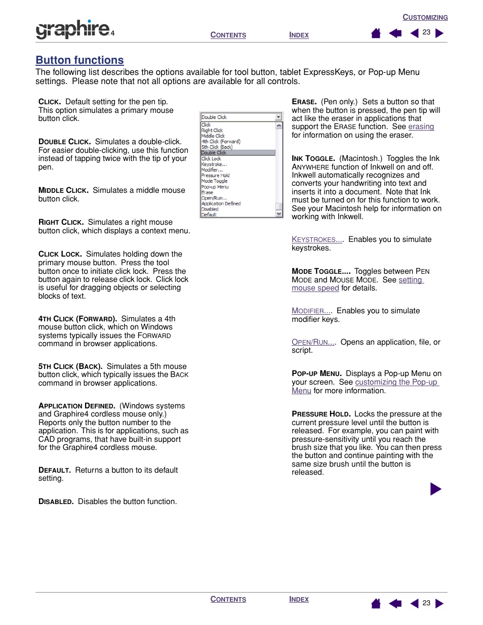 Button functions, Function, To perf | Wacom GRAPHIRE 4 User Manual | Page 23 / 58