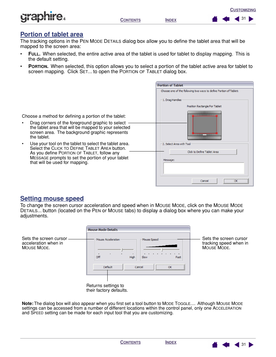 Portion of tablet area, Setting mouse speed, Setting | Mouse speed | Wacom GRAPHIRE 4 User Manual | Page 31 / 58