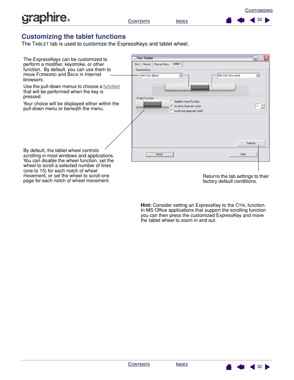 Customizing the tablet functions, Ablet, Customizing the | Tablet functions | Wacom GRAPHIRE 4 User Manual | Page 32 / 58