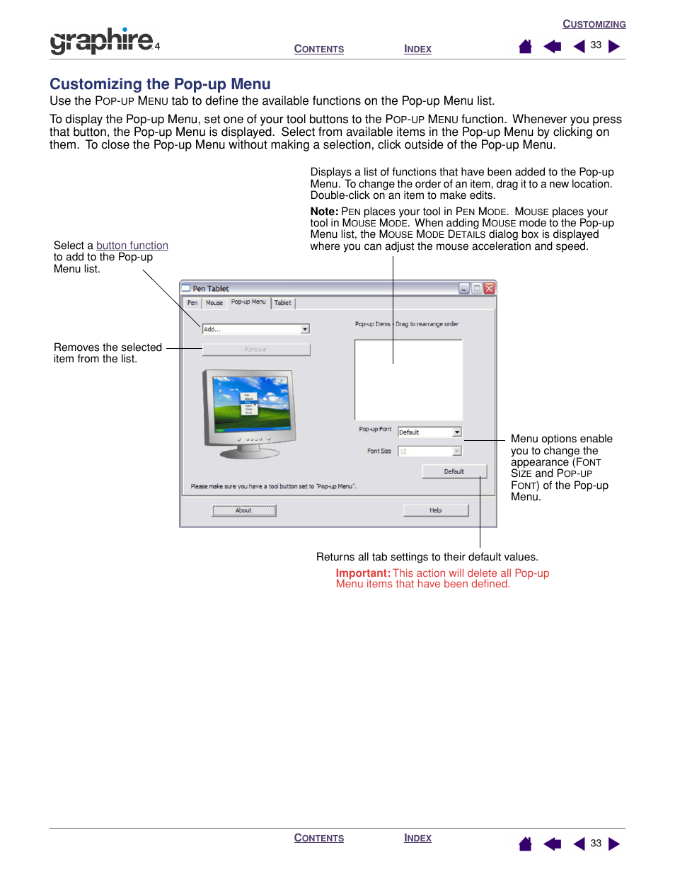 Customizing the pop-up menu, Customizing the pop-up, Menu | Wacom GRAPHIRE 4 User Manual | Page 33 / 58