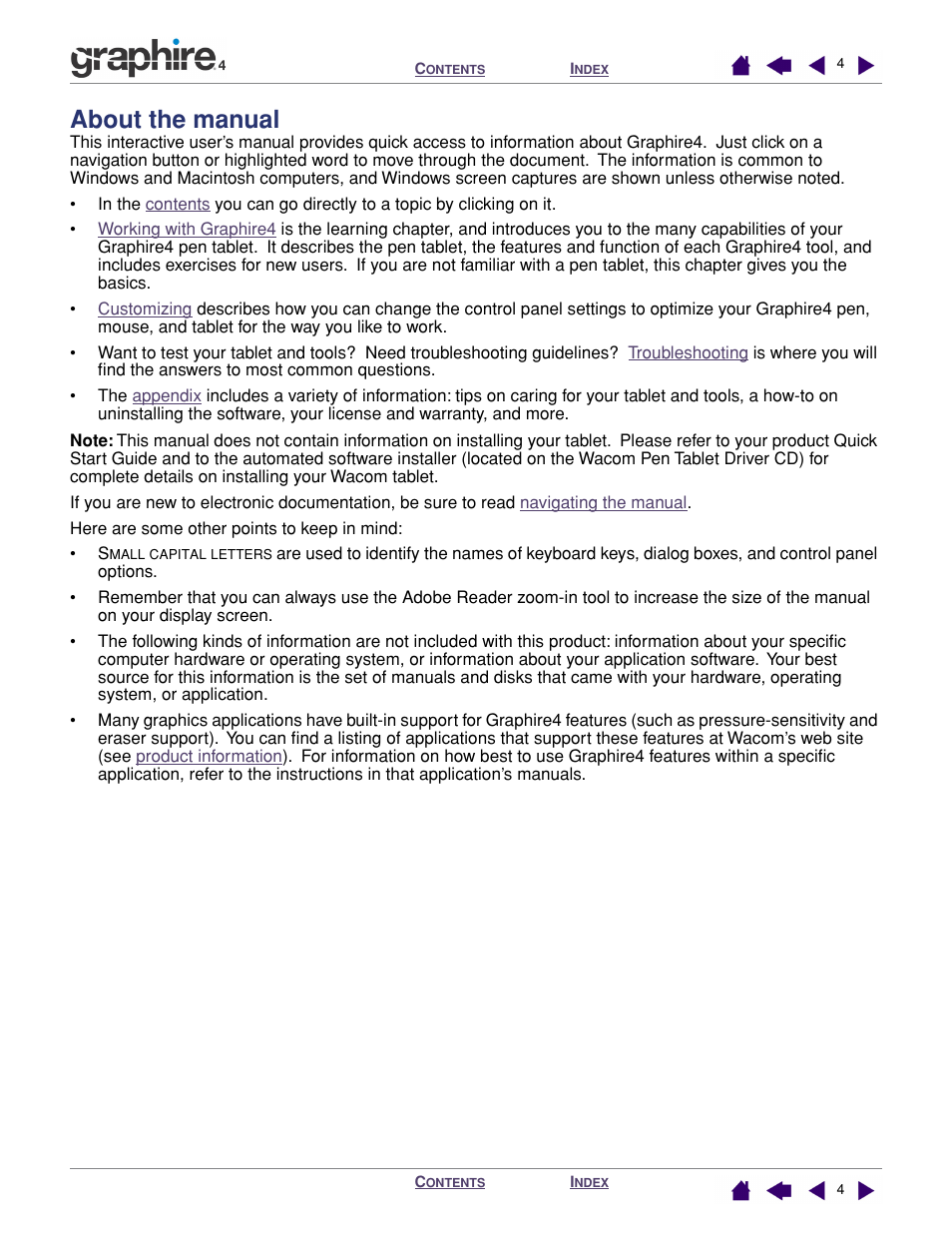 About the manual | Wacom GRAPHIRE 4 User Manual | Page 4 / 58