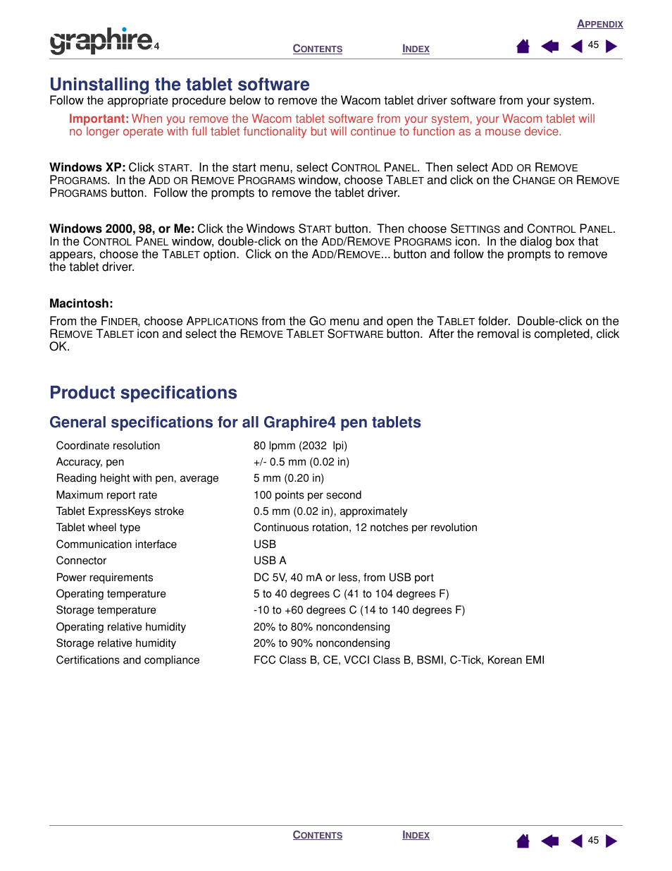 Uninstalling the tablet software, Product specifications, General specifications | For all graphire4 pen tablets | Wacom GRAPHIRE 4 User Manual | Page 45 / 58