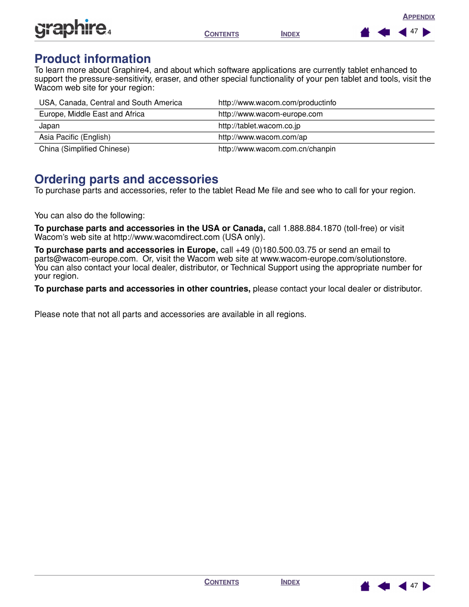 Product information, Ordering parts and accessories, Product information ordering parts and accessories | Wacom GRAPHIRE 4 User Manual | Page 47 / 58