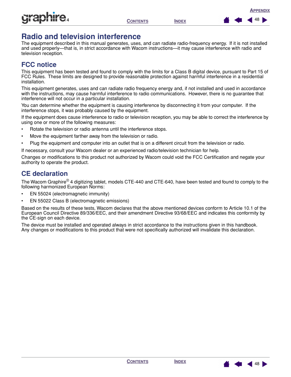 Radio and television interference, Fcc notice, Ce declaration | Wacom GRAPHIRE 4 User Manual | Page 48 / 58