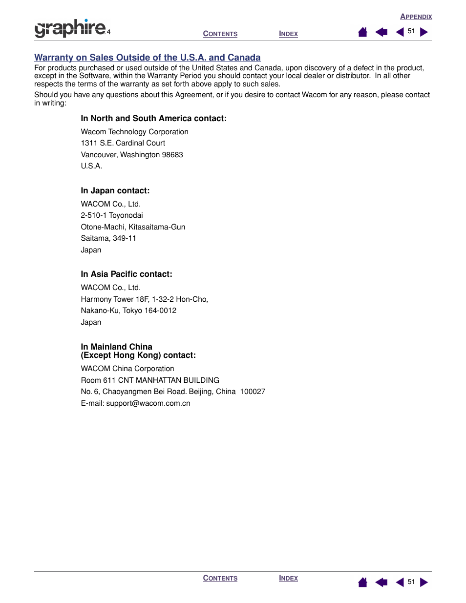 Warranty on sales outside of the u.s.a. and canada, Warranty on sales outside of the u.s.a, And canada | Wacom GRAPHIRE 4 User Manual | Page 51 / 58