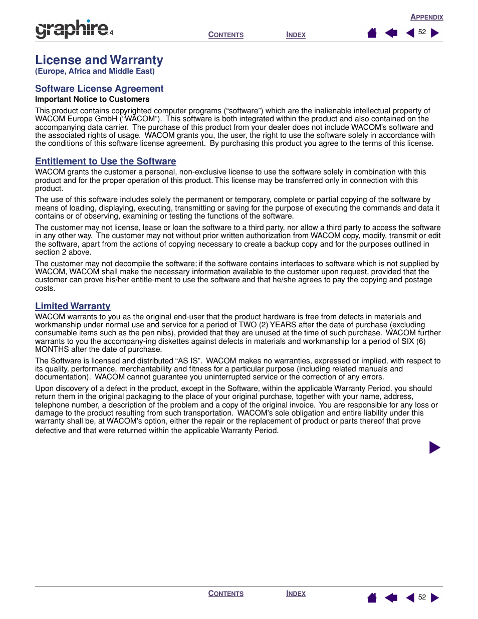 Software license agreement, Entitlement to use the software, Limited warranty | License and warranty | Wacom GRAPHIRE 4 User Manual | Page 52 / 58