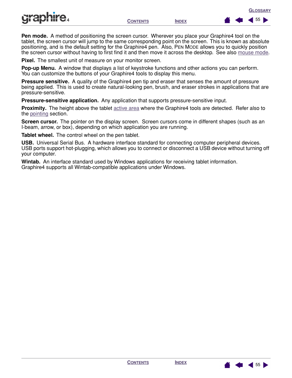 Cursor in, See also, Pen mode | Wacom GRAPHIRE 4 User Manual | Page 55 / 58