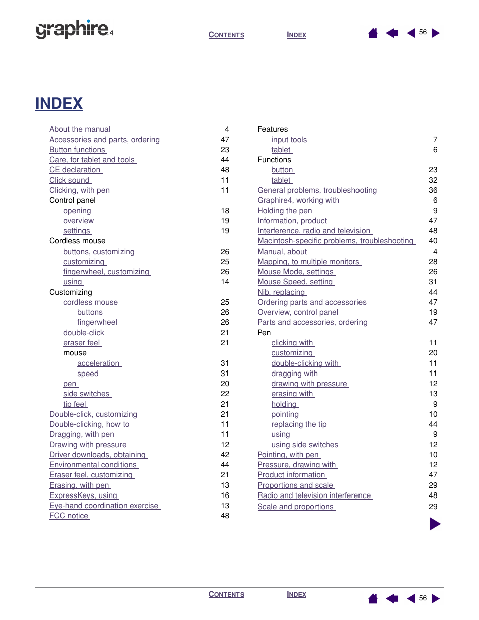 Ndex, Index | Wacom GRAPHIRE 4 User Manual | Page 56 / 58