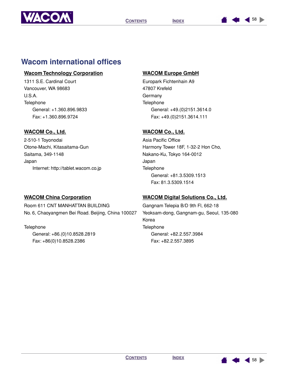 Wacom international offices | Wacom GRAPHIRE 4 User Manual | Page 58 / 58