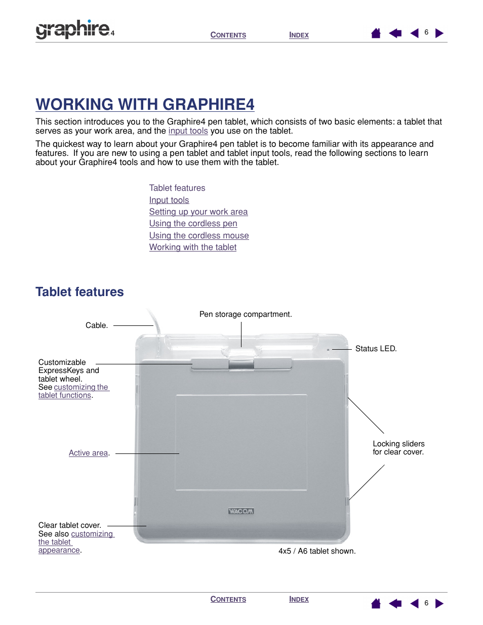 Working with graphire4, Tablet features, Sing | Is the lear | Wacom GRAPHIRE 4 User Manual | Page 6 / 58