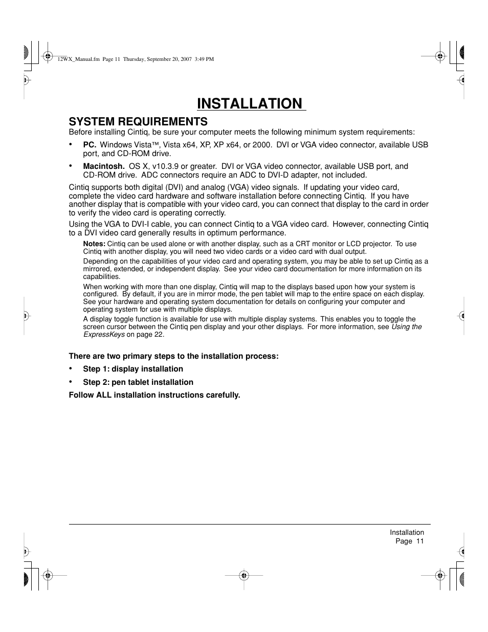 Installation, System requirements | Wacom Cintiq DTZ-1200W User Manual | Page 13 / 68