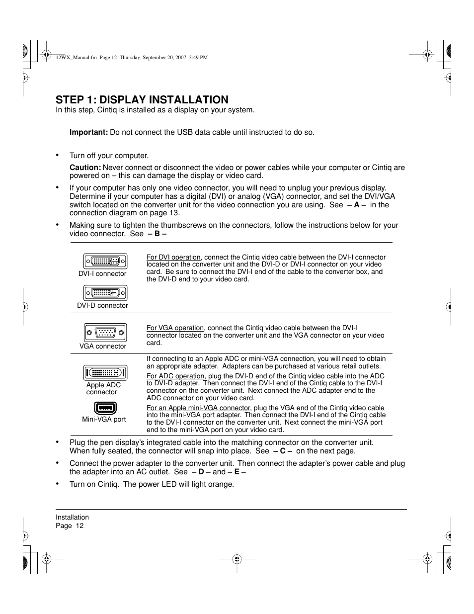 Step 1: display installation | Wacom Cintiq DTZ-1200W User Manual | Page 14 / 68