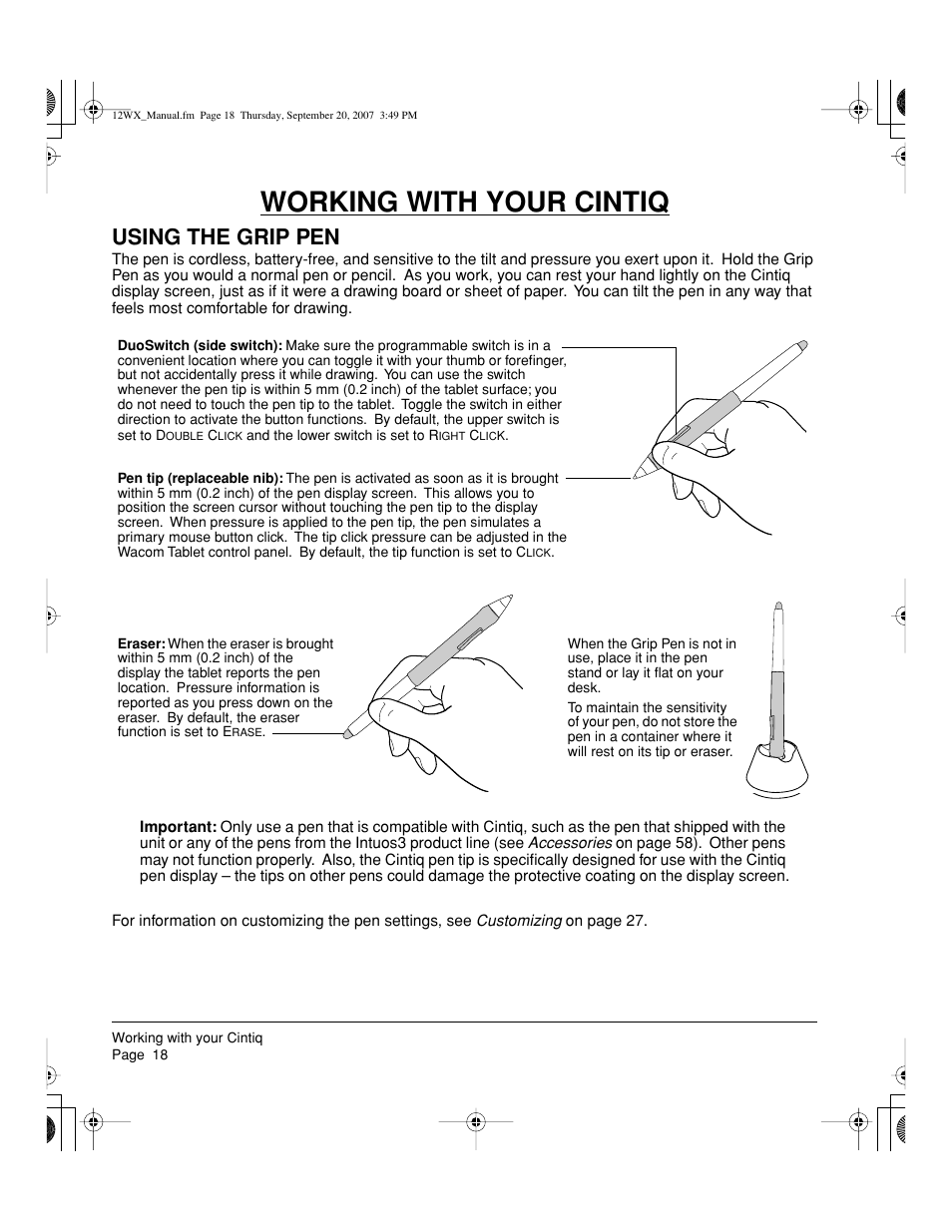 Working with your cintiq, Using the grip pen | Wacom Cintiq DTZ-1200W User Manual | Page 20 / 68