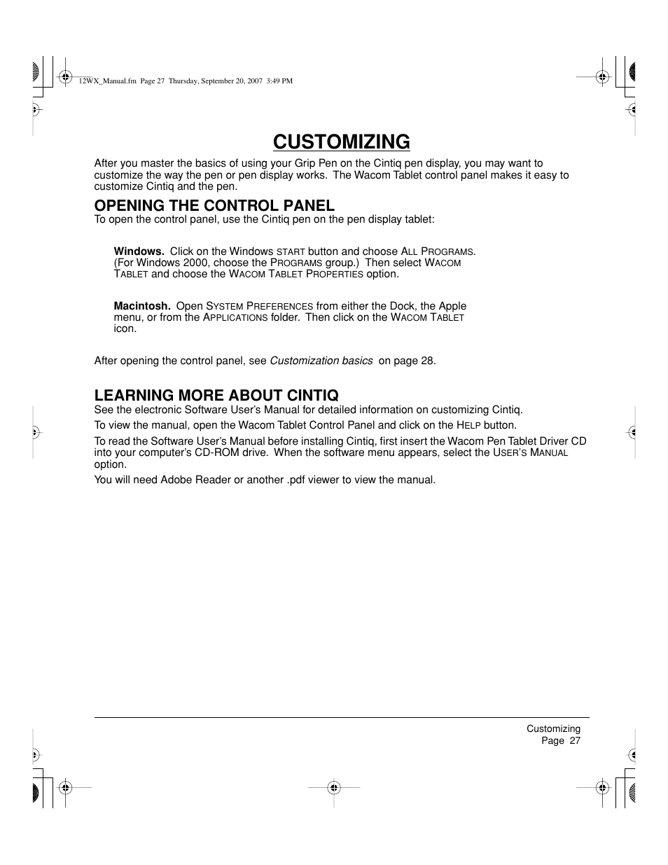 Customizing, Opening the control panel, Learning more about cintiq | Wacom Cintiq DTZ-1200W User Manual | Page 29 / 68
