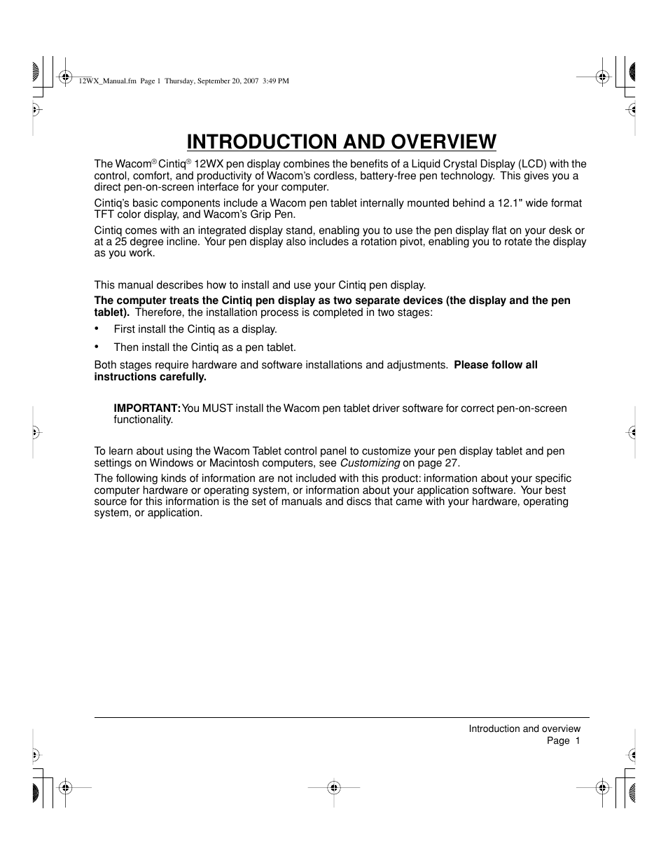 Introduction and overview | Wacom Cintiq DTZ-1200W User Manual | Page 3 / 68