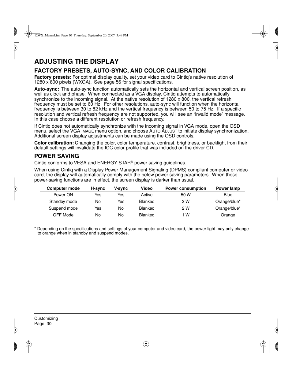 Adjusting the display, Factory presets, auto-sync, and color calibration, Power saving | Wacom Cintiq DTZ-1200W User Manual | Page 32 / 68
