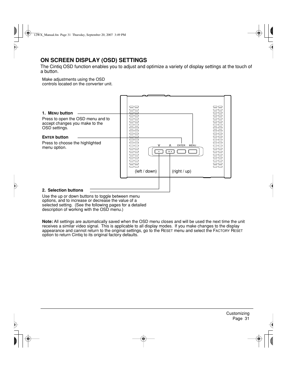 On screen display (osd) settings | Wacom Cintiq DTZ-1200W User Manual | Page 33 / 68
