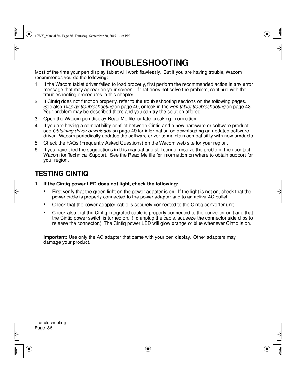 Troubleshooting, Testing cintiq | Wacom Cintiq DTZ-1200W User Manual | Page 38 / 68