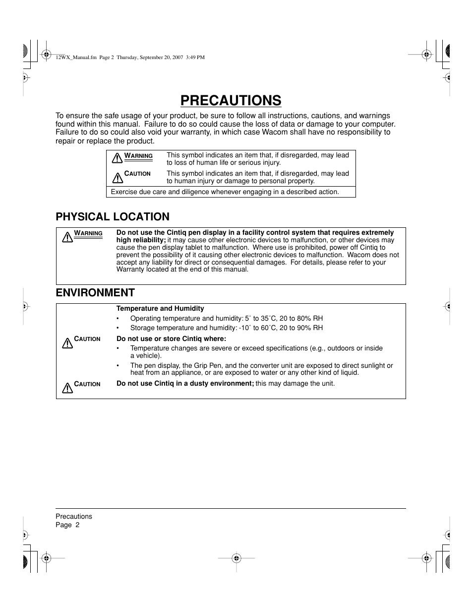 Precautions, Physical location environment | Wacom Cintiq DTZ-1200W User Manual | Page 4 / 68