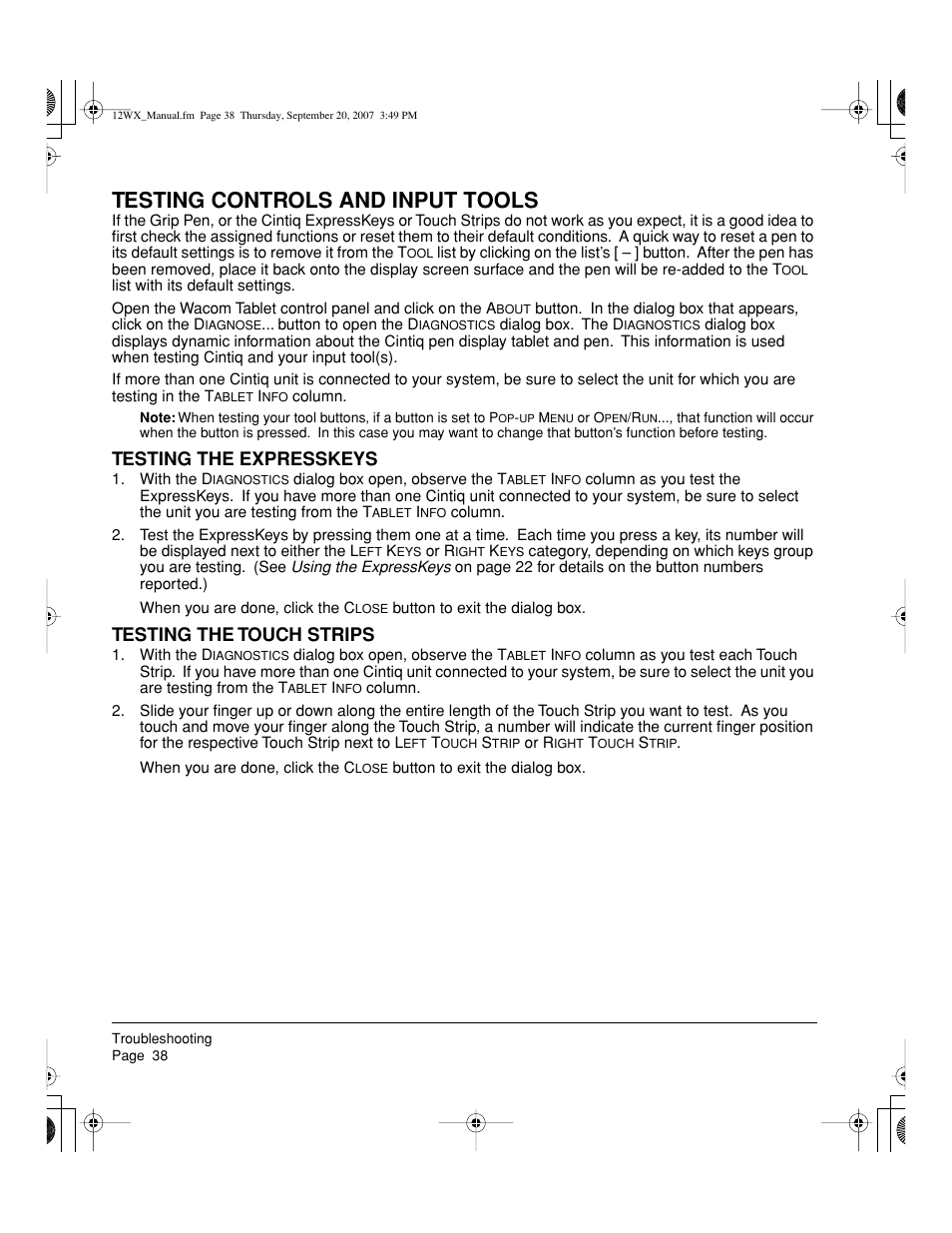 Testing controls and input tools, Testing the expresskeys, Testing the touch strips | Wacom Cintiq DTZ-1200W User Manual | Page 40 / 68