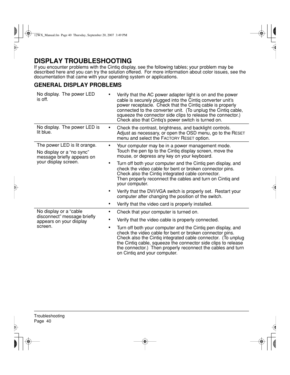 Display troubleshooting | Wacom Cintiq DTZ-1200W User Manual | Page 42 / 68